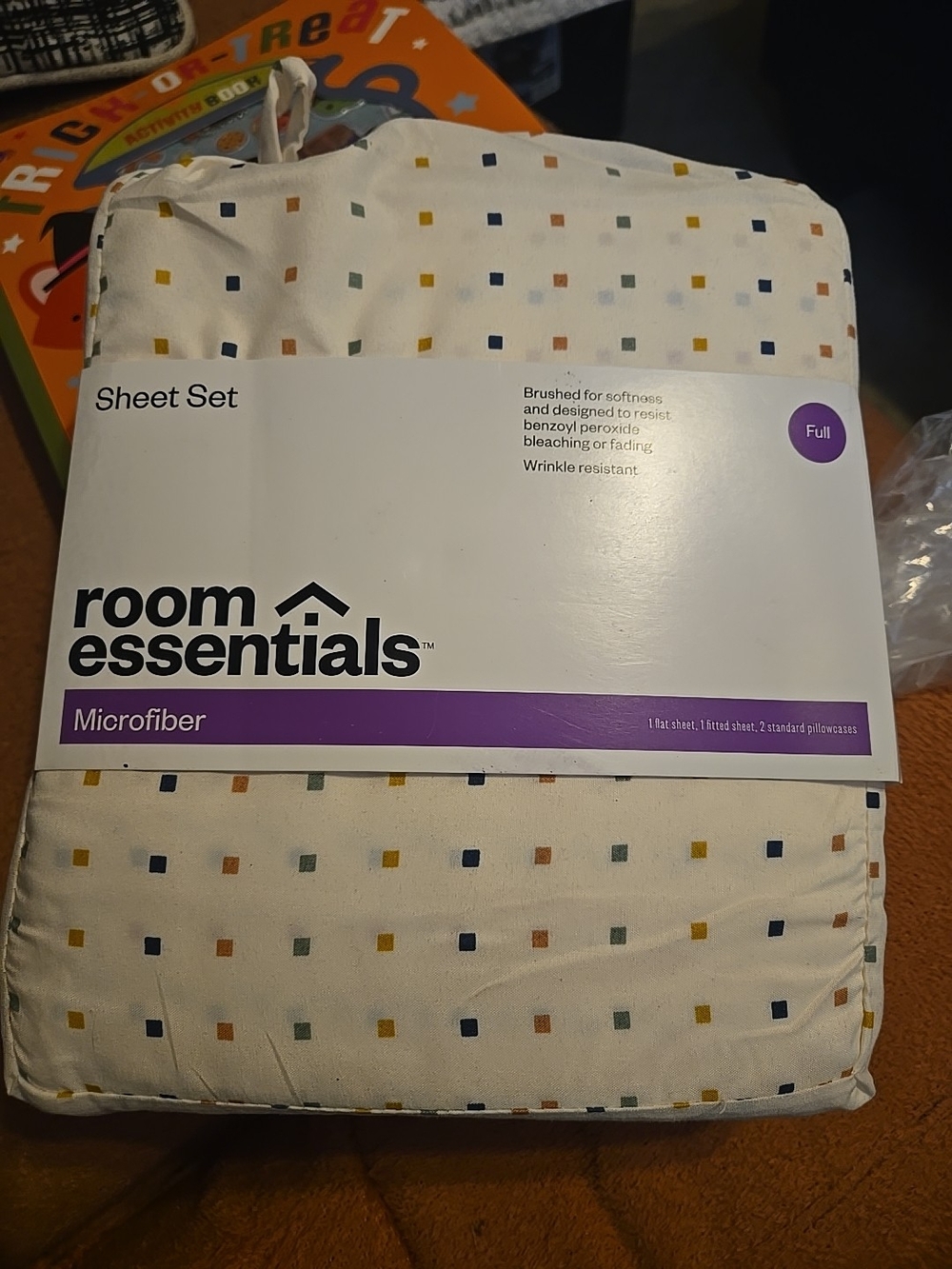 Room Essentials Cream Microfiber Sheet Set with Multicolor Squares